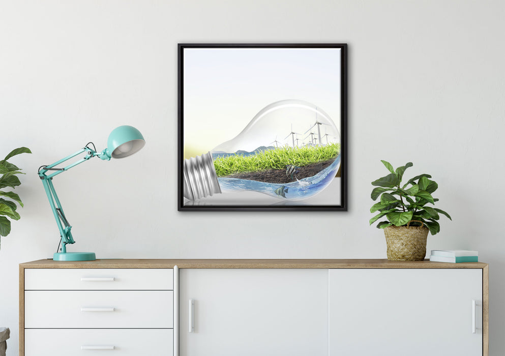 Glühbirne Erneuerbare Energien auf Leinwandbild gerahmt Quadratisch verschiedene Größen im Wohnzimmer