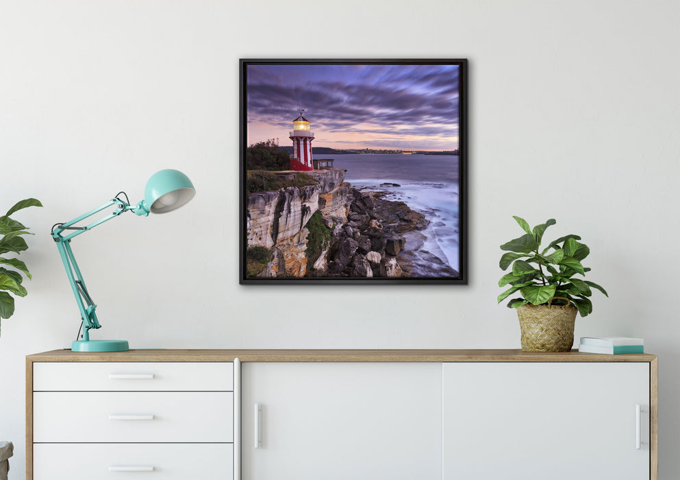 Leuchtturm auf Leinwandbild gerahmt Quadratisch verschiedene Größen im Wohnzimmer