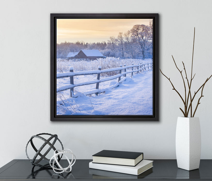 Hütte im Schnee  auf Leinwandbild Quadratisch gerahmt mit Kirschblüten