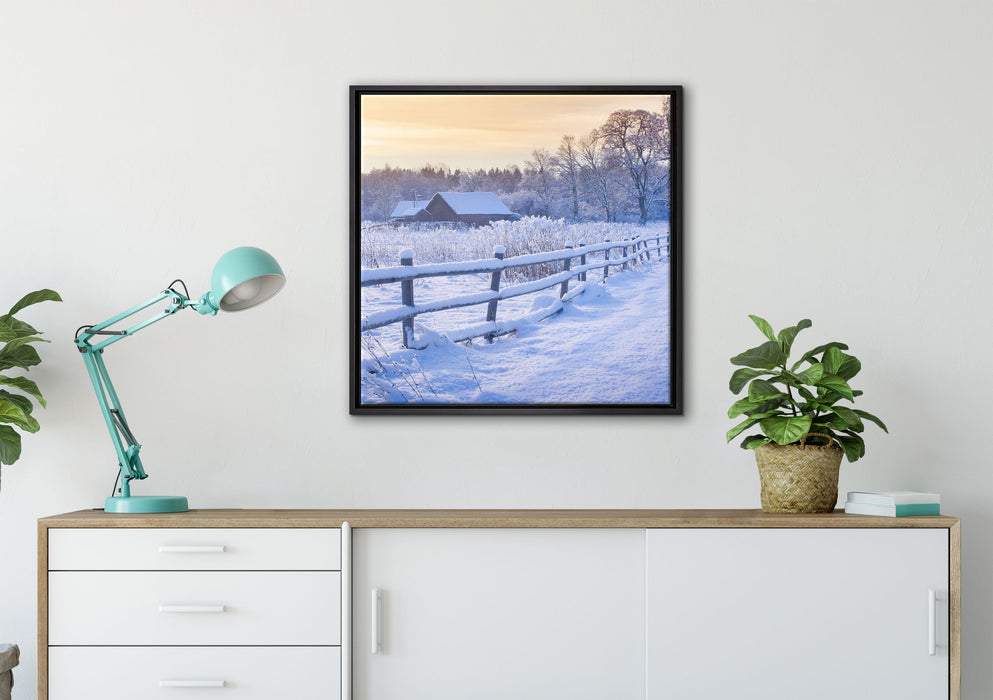 Hütte im Schnee auf Leinwandbild gerahmt Quadratisch verschiedene Größen im Wohnzimmer