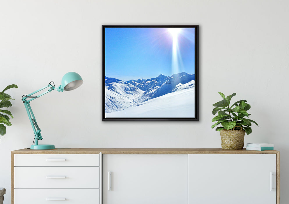 Schnee Berge auf Leinwandbild gerahmt Quadratisch verschiedene Größen im Wohnzimmer