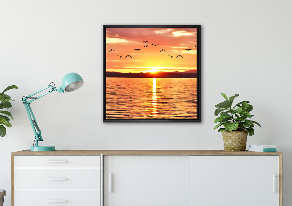 See Abenddämmerung auf Leinwandbild gerahmt Quadratisch verschiedene Größen im Wohnzimmer