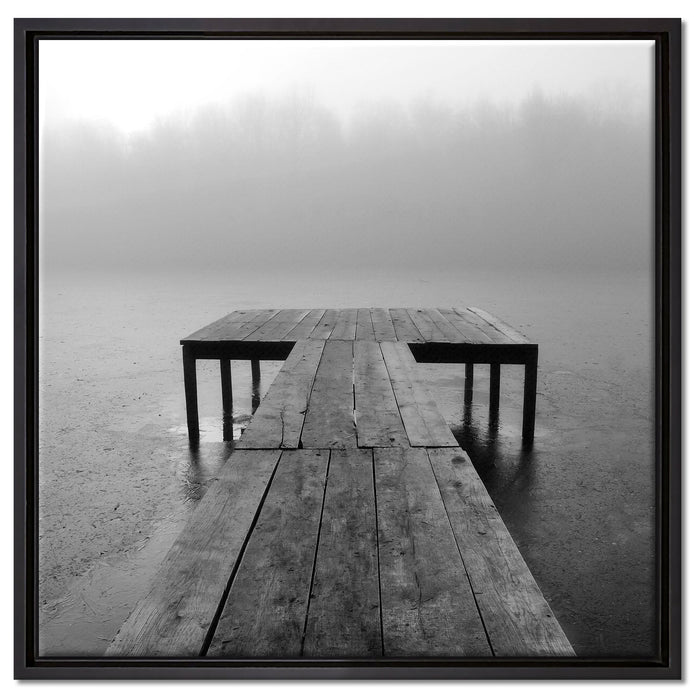 Steg am See Nebel auf Leinwandbild Quadratisch gerahmt Größe 60x60