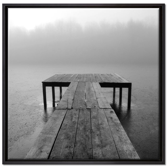Steg am See Nebel auf Leinwandbild Quadratisch gerahmt Größe 70x70