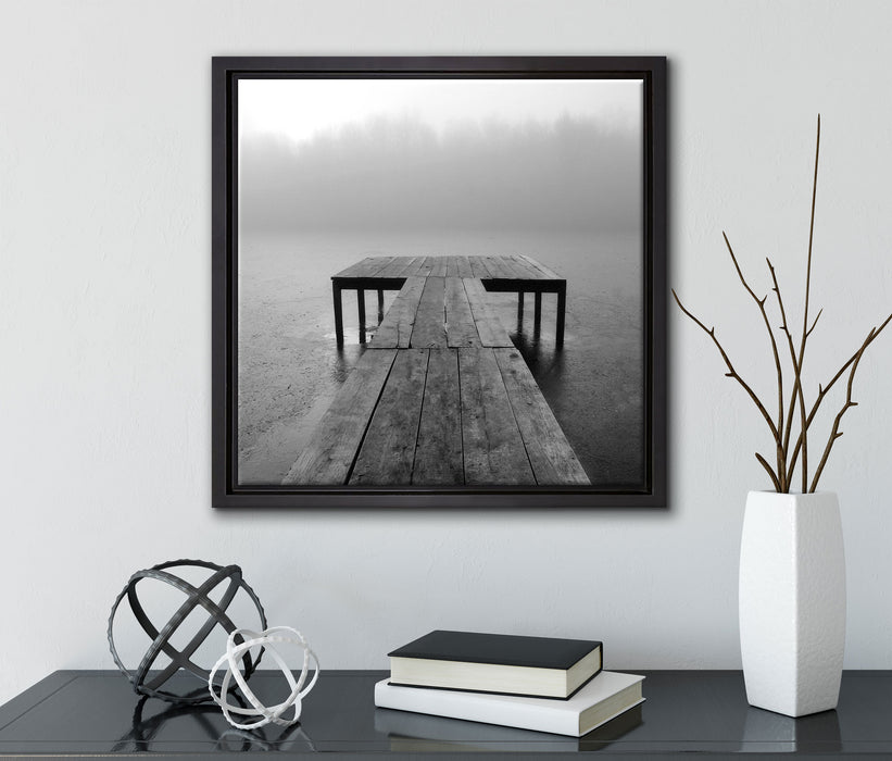 Steg am See Nebel  auf Leinwandbild Quadratisch gerahmt mit Kirschblüten
