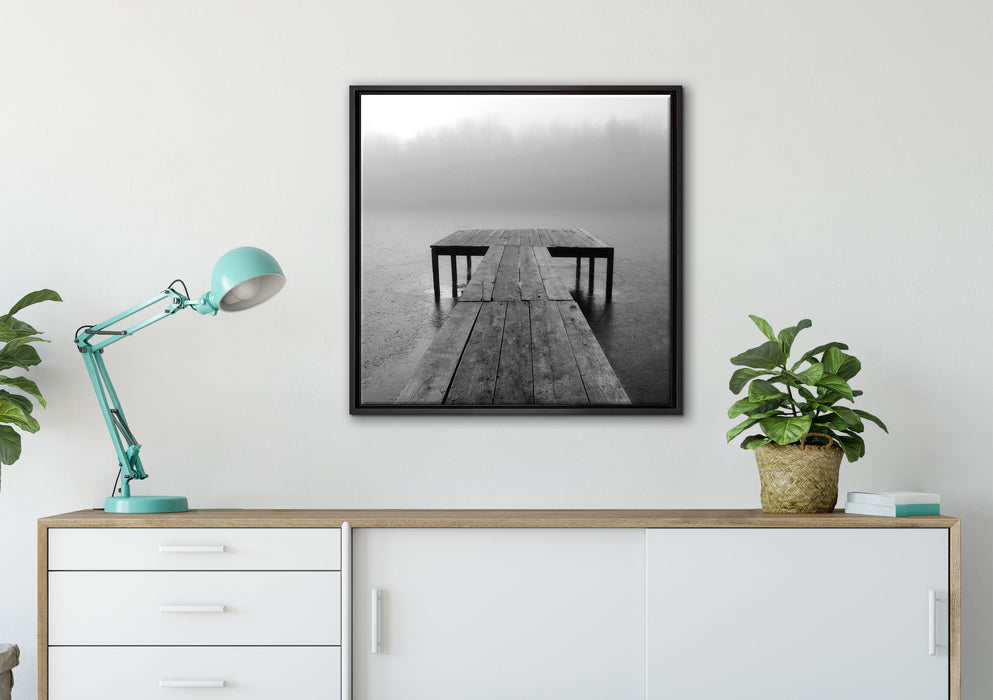 Steg am See Nebel auf Leinwandbild gerahmt Quadratisch verschiedene Größen im Wohnzimmer