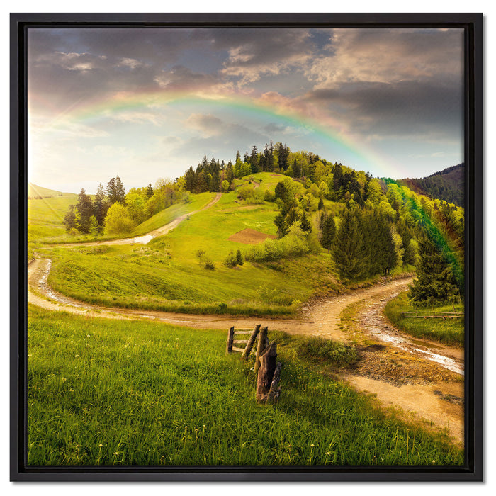 Landschaft mit Regenbogen auf Leinwandbild Quadratisch gerahmt Größe 60x60