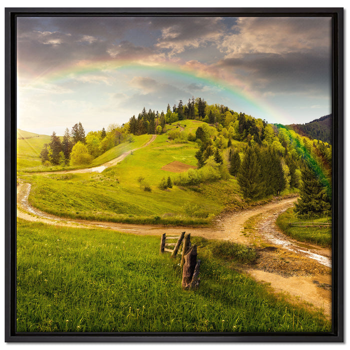 Landschaft mit Regenbogen auf Leinwandbild Quadratisch gerahmt Größe 70x70