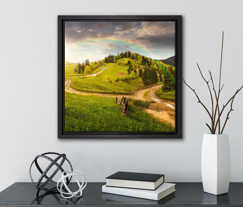 Landschaft mit Regenbogen  auf Leinwandbild Quadratisch gerahmt mit Kirschblüten