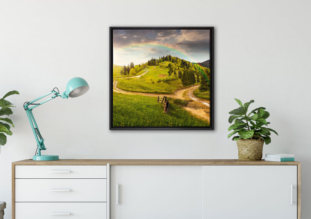 Landschaft mit Regenbogen auf Leinwandbild gerahmt Quadratisch verschiedene Größen im Wohnzimmer