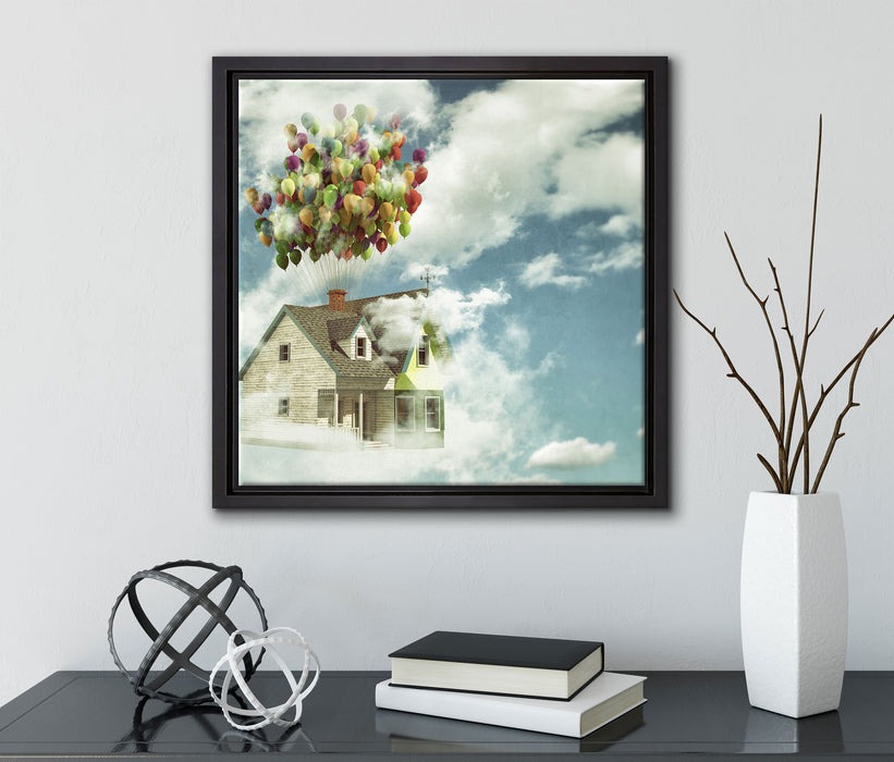 Haus mit Bollons  auf Leinwandbild Quadratisch gerahmt mit Kirschblüten