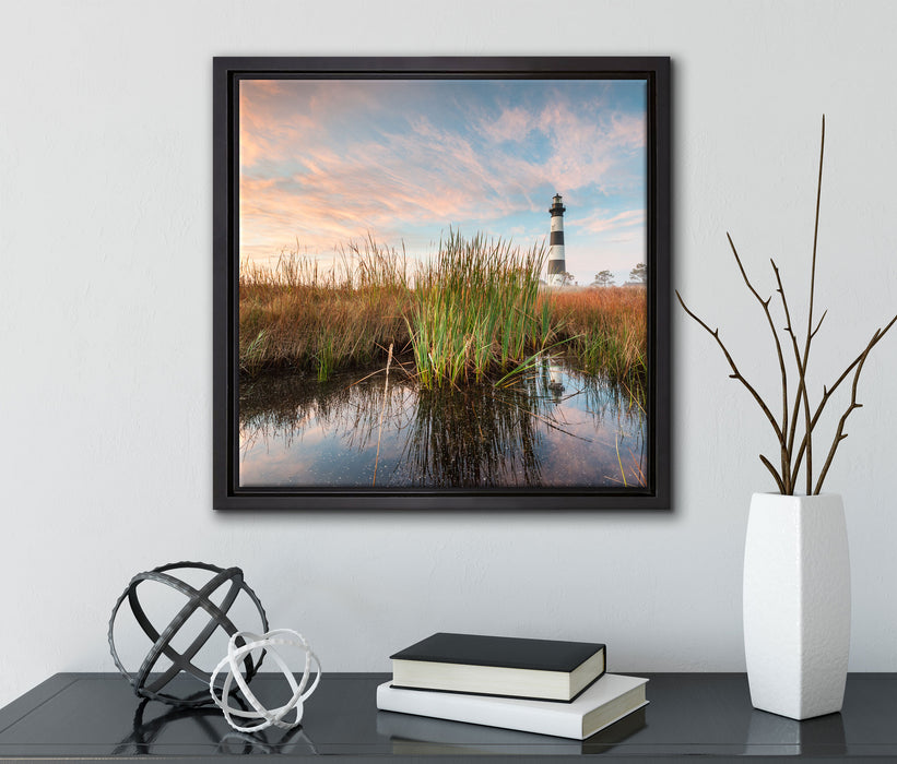 Leuchtturm  auf Leinwandbild Quadratisch gerahmt mit Kirschblüten