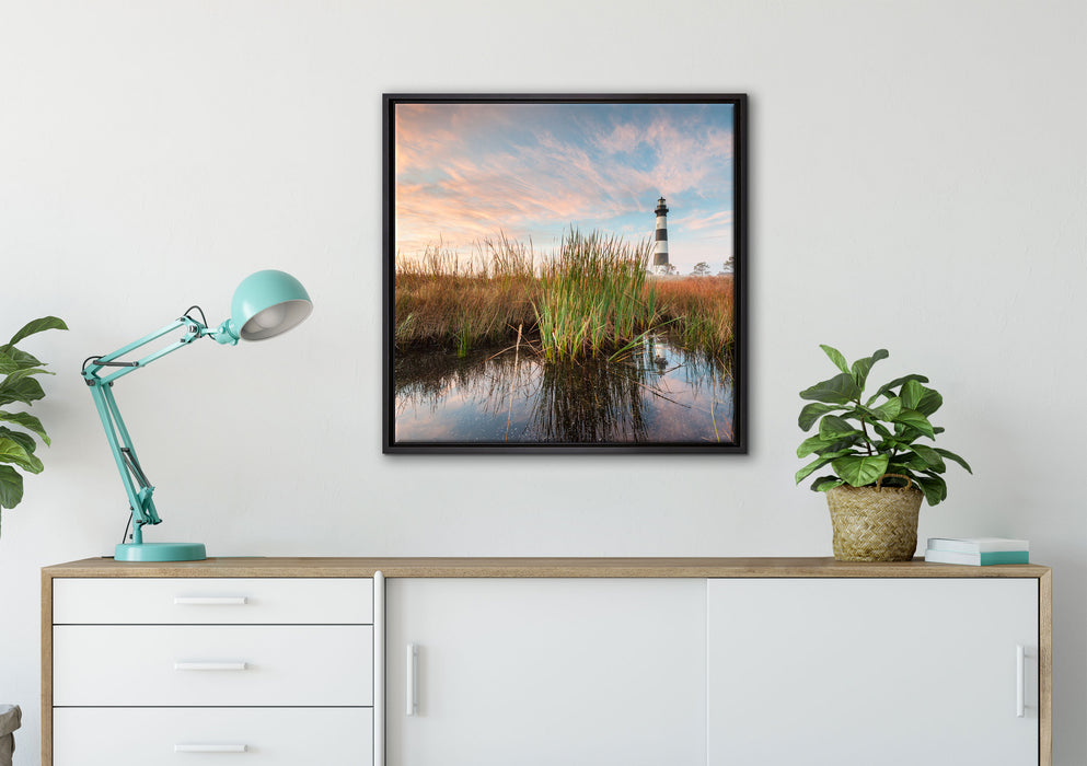 Leuchtturm auf Leinwandbild gerahmt Quadratisch verschiedene Größen im Wohnzimmer