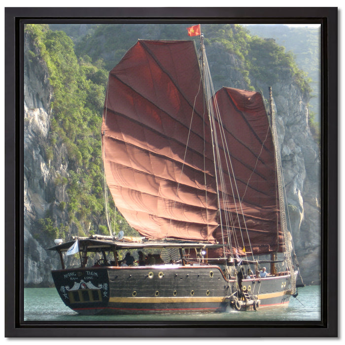 Segelschiff im Sonnenuntergang auf Leinwandbild Quadratisch gerahmt Größe 40x40
