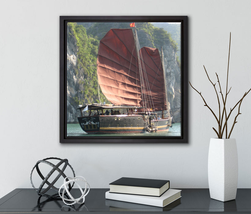 Segelschiff im Sonnenuntergang  auf Leinwandbild Quadratisch gerahmt mit Kirschblüten