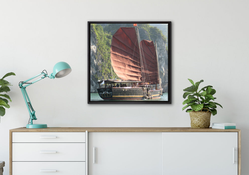 Segelschiff im Sonnenuntergang auf Leinwandbild gerahmt Quadratisch verschiedene Größen im Wohnzimmer