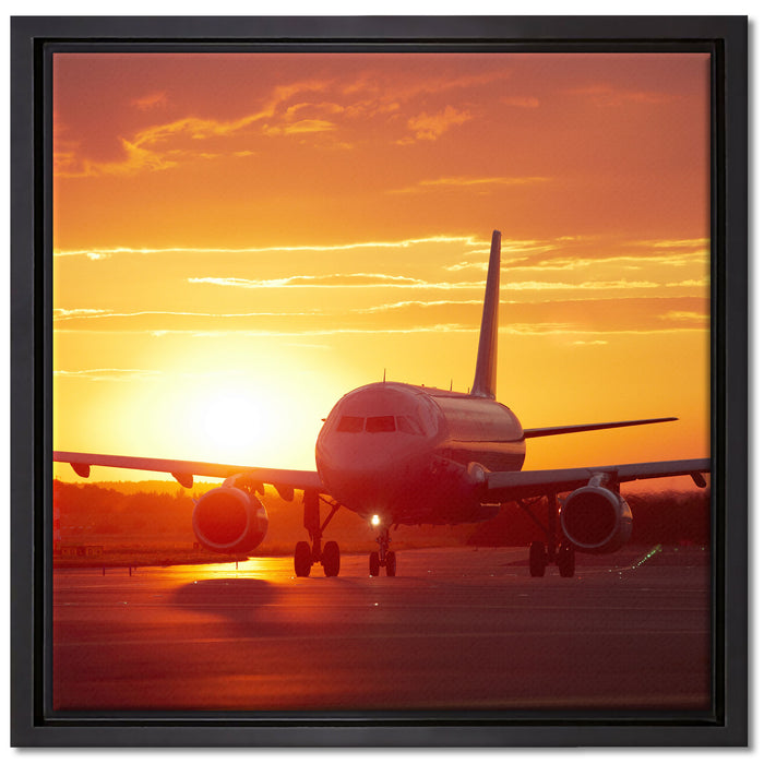 Flugzeug im Sonnenuntergang auf Leinwandbild Quadratisch gerahmt Größe 40x40