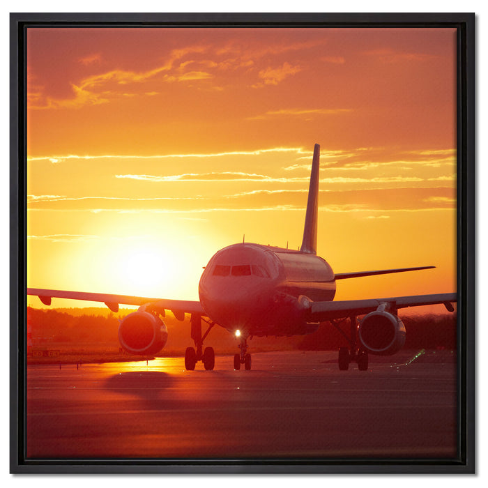 Flugzeug im Sonnenuntergang auf Leinwandbild Quadratisch gerahmt Größe 60x60