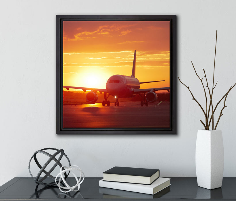 Flugzeug im Sonnenuntergang  auf Leinwandbild Quadratisch gerahmt mit Kirschblüten