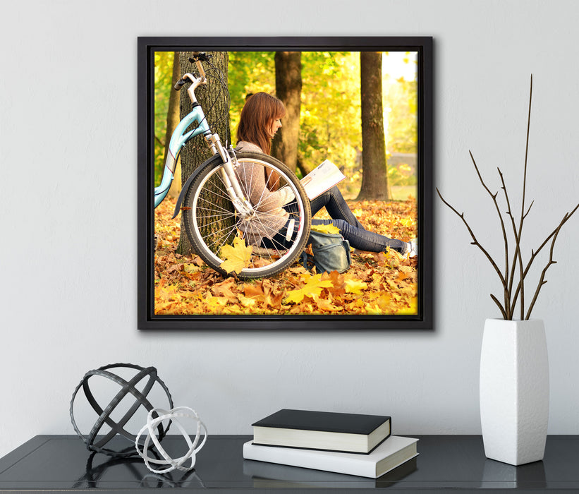 Teenager Girl with Bike  auf Leinwandbild Quadratisch gerahmt mit Kirschblüten