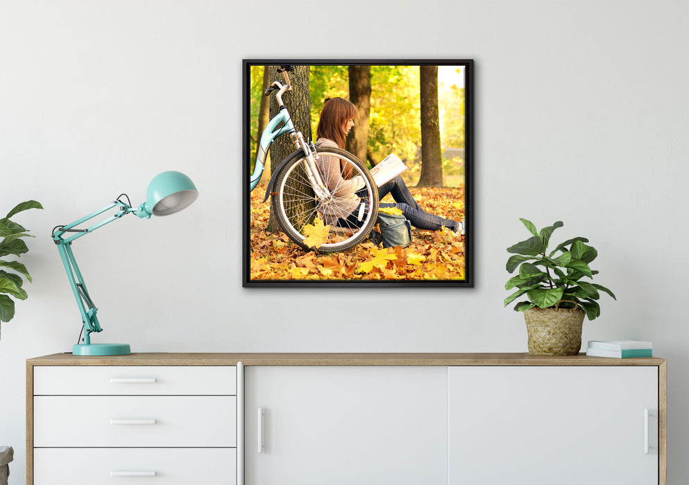Teenager Girl with Bike auf Leinwandbild gerahmt Quadratisch verschiedene Größen im Wohnzimmer