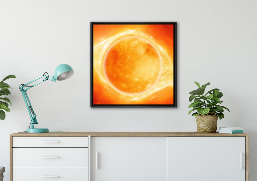 Sonne Feuerball auf Leinwandbild gerahmt Quadratisch verschiedene Größen im Wohnzimmer