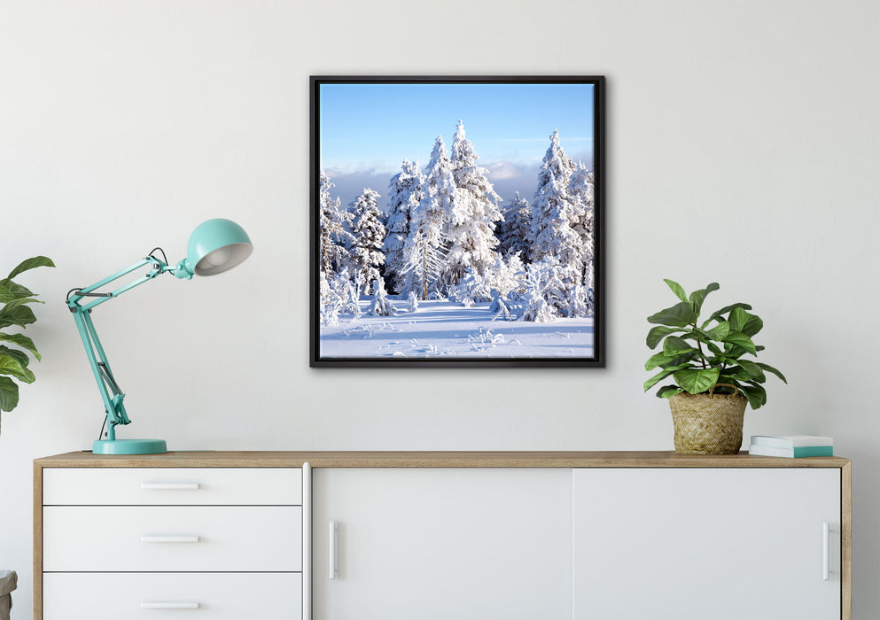 Winterwald auf Leinwandbild gerahmt Quadratisch verschiedene Größen im Wohnzimmer