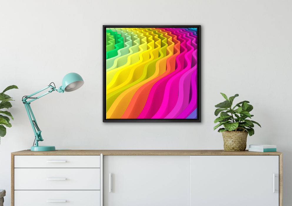 buntes Wellenmuster auf Leinwandbild gerahmt Quadratisch verschiedene Größen im Wohnzimmer