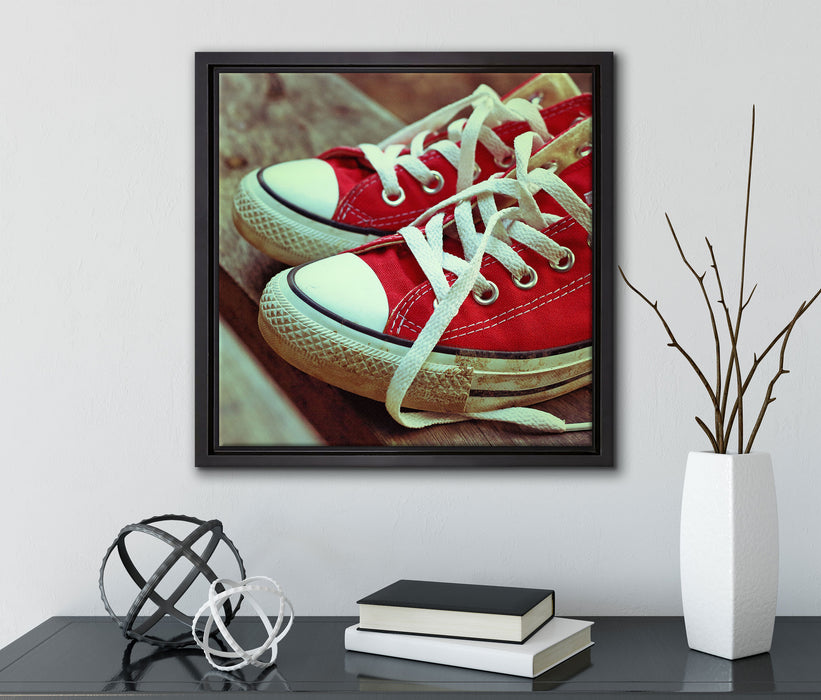 Coole Rote Schuhe  auf Leinwandbild Quadratisch gerahmt mit Kirschblüten