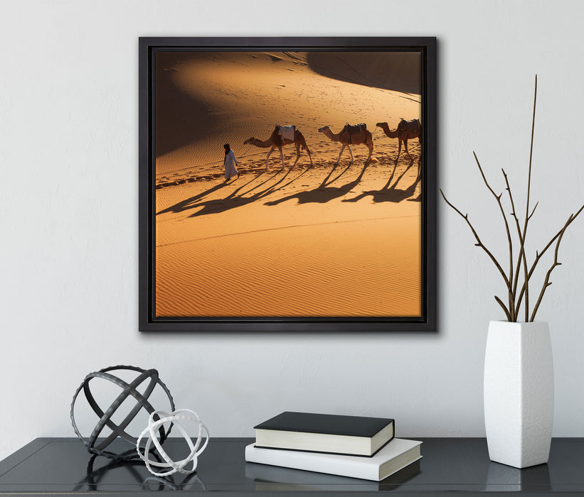 Kamelkarawane in der Wüste  auf Leinwandbild Quadratisch gerahmt mit Kirschblüten