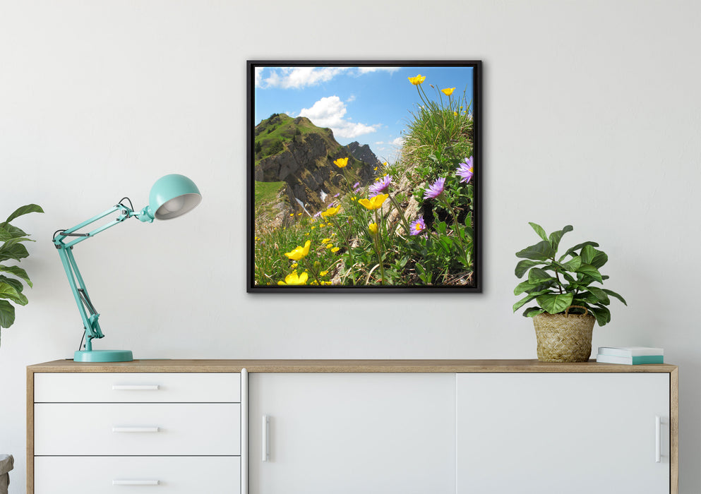 Blumenwiese im Frühling auf Leinwandbild gerahmt Quadratisch verschiedene Größen im Wohnzimmer
