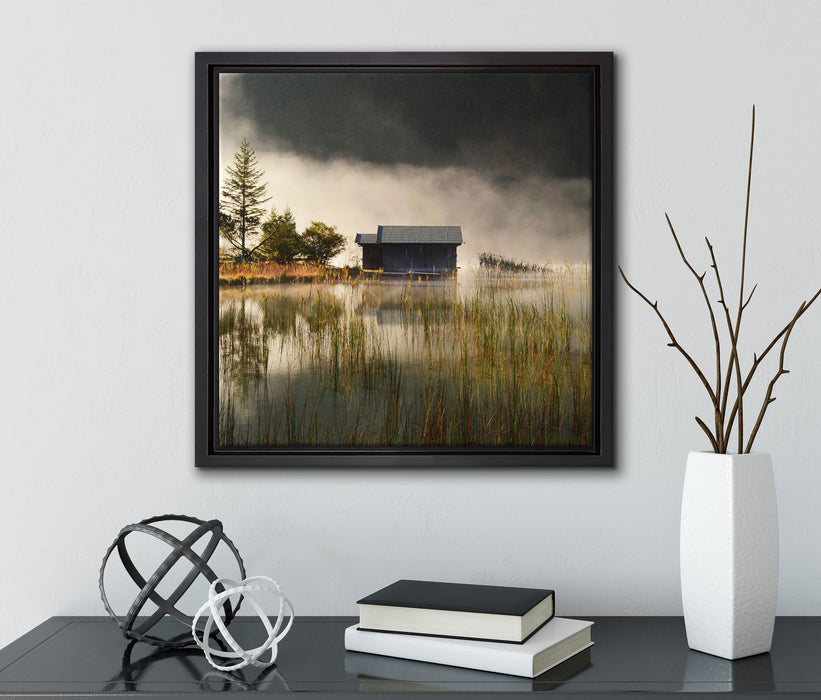 Idyllische Waldhäuschen  auf Leinwandbild Quadratisch gerahmt mit Kirschblüten