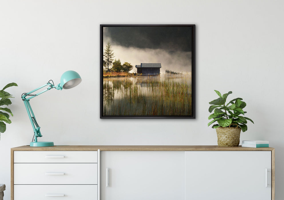 Idyllische Waldhäuschen auf Leinwandbild gerahmt Quadratisch verschiedene Größen im Wohnzimmer