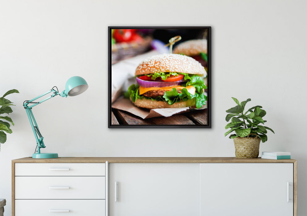 Burger und Pommes auf Leinwandbild gerahmt Quadratisch verschiedene Größen im Wohnzimmer