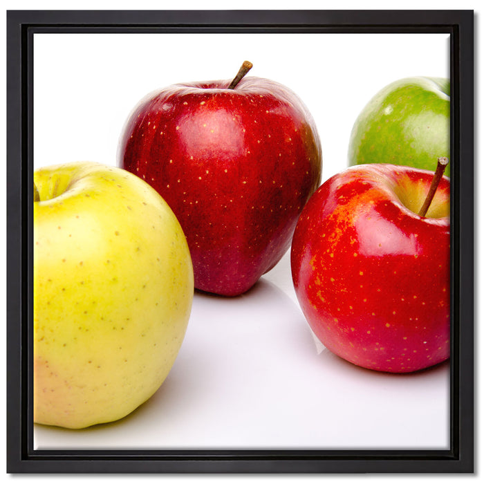Bunte Äpfel schwarzer Hintergrund auf Leinwandbild Quadratisch gerahmt Größe 40x40