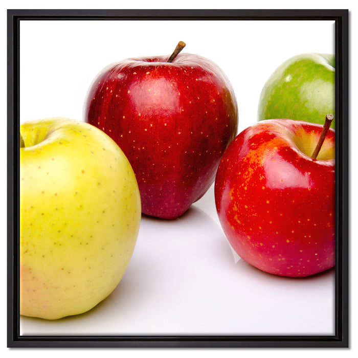 Bunte Äpfel schwarzer Hintergrund auf Leinwandbild Quadratisch gerahmt Größe 60x60