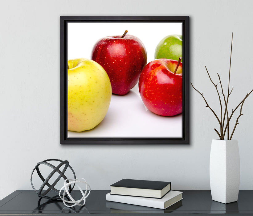 Bunte Äpfel schwarzer Hintergrund  auf Leinwandbild Quadratisch gerahmt mit Kirschblüten