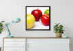 Bunte Äpfel schwarzer Hintergrund auf Leinwandbild gerahmt Quadratisch verschiedene Größen im Wohnzimmer