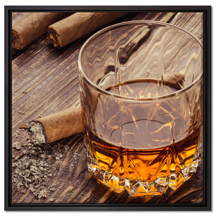Whisky mit Zigarre auf Leinwandbild Quadratisch gerahmt Größe 60x60