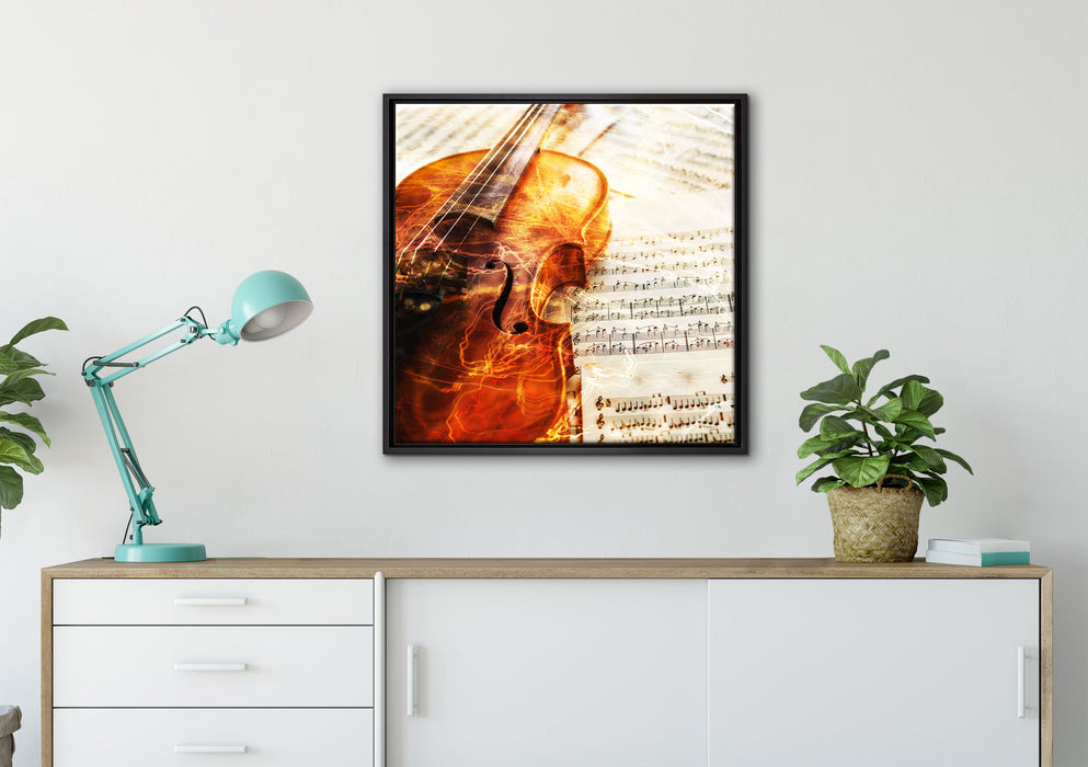 Geige auf Leinwandbild gerahmt Quadratisch verschiedene Größen im Wohnzimmer