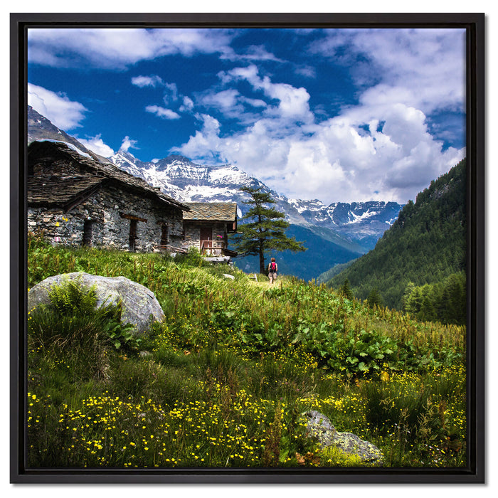 Wunderschöne Berghütte auf Leinwandbild Quadratisch gerahmt Größe 60x60
