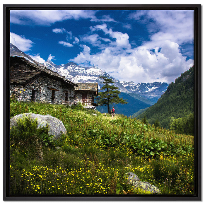 Wunderschöne Berghütte auf Leinwandbild Quadratisch gerahmt Größe 70x70