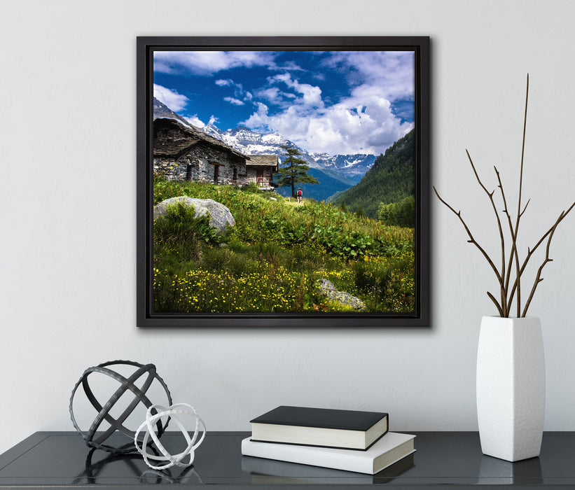 Wunderschöne Berghütte  auf Leinwandbild Quadratisch gerahmt mit Kirschblüten
