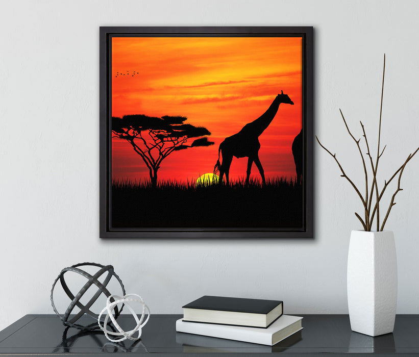 Afrika Giraffen im Sonnenuntergang  auf Leinwandbild Quadratisch gerahmt mit Kirschblüten