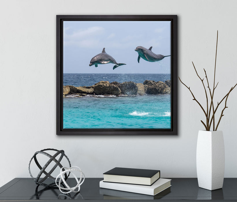 springende Delphine  auf Leinwandbild Quadratisch gerahmt mit Kirschblüten