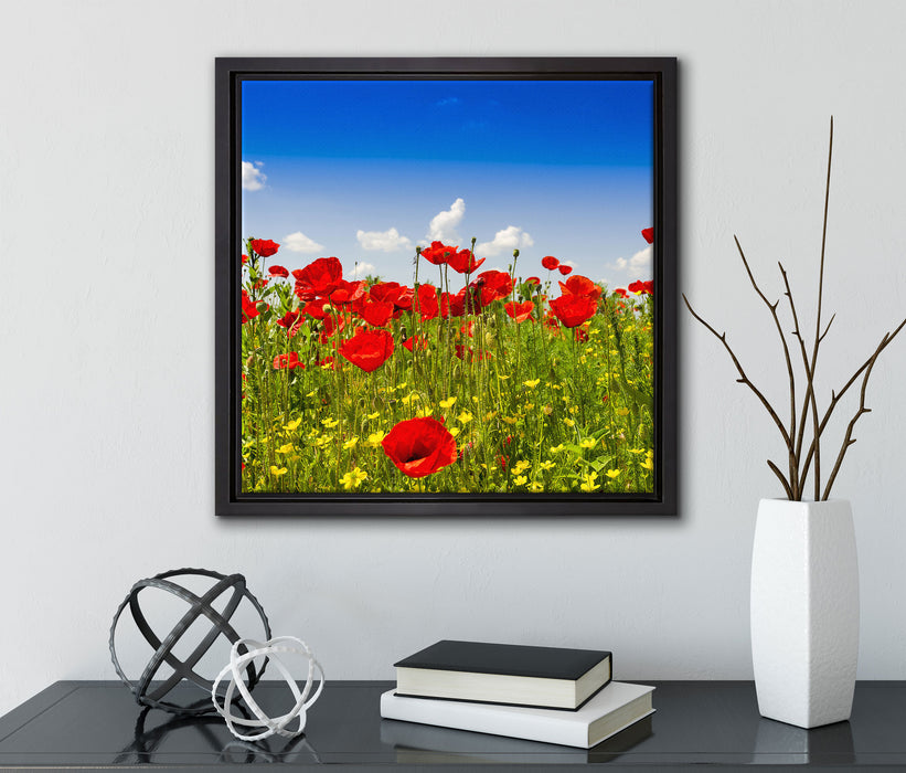Mohnwiese  auf Leinwandbild Quadratisch gerahmt mit Kirschblüten