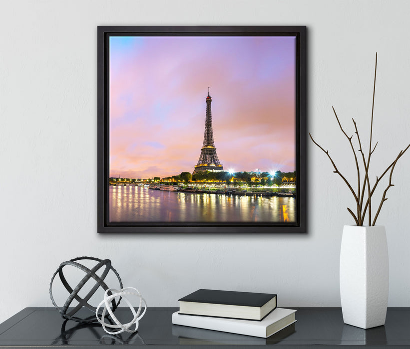Eifelturm Paris bei Nacht  auf Leinwandbild Quadratisch gerahmt mit Kirschblüten