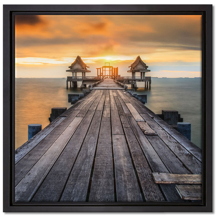 Bootssteg im Sonnenuntergang auf Leinwandbild Quadratisch gerahmt Größe 40x40