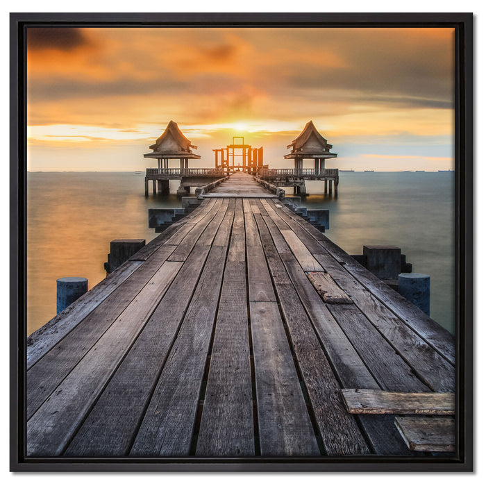 Bootssteg im Sonnenuntergang auf Leinwandbild Quadratisch gerahmt Größe 60x60
