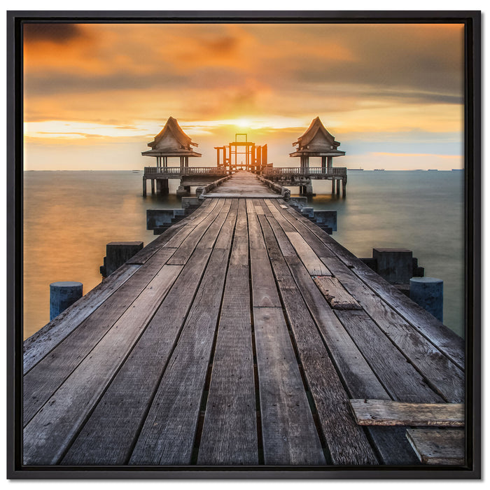 Bootssteg im Sonnenuntergang auf Leinwandbild Quadratisch gerahmt Größe 70x70